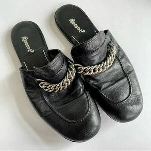 Rocco P Mules Black Leather Silver Chain Slip On Flats Womens Shoes 37.5 US 6.5